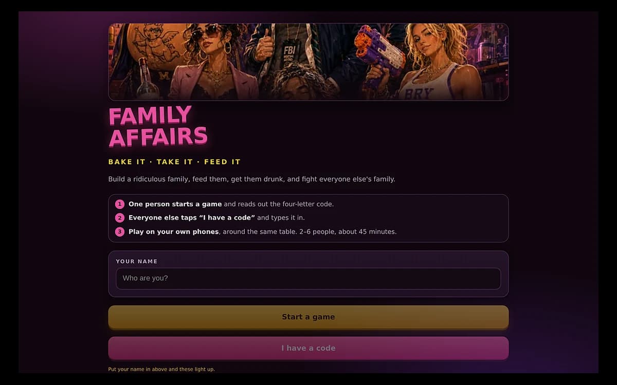 The Family Affairs join screen, with the family artwork and the four-letter room code flow