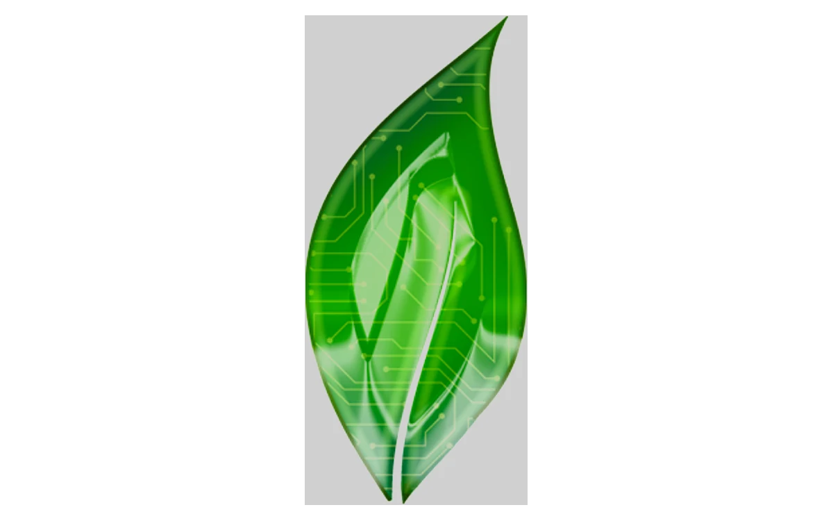 A leaf logo with lines across it like a circuit board