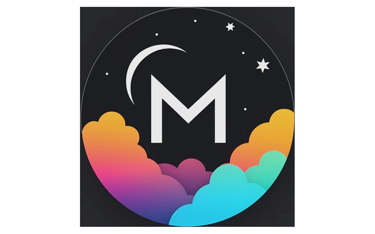 A circular logo with an M in the middle and coloured clouds beneath