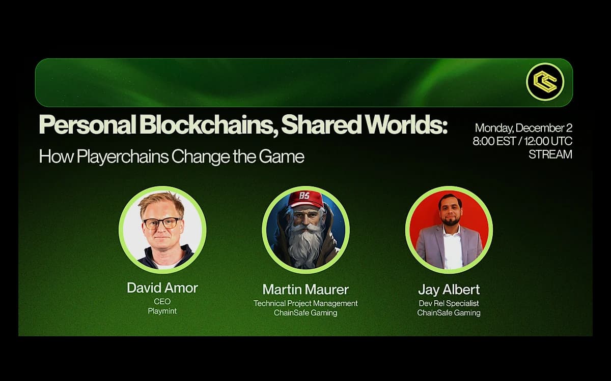 ChainSafe stream banner with David Amor, Martin Maurer, and Jay Albert