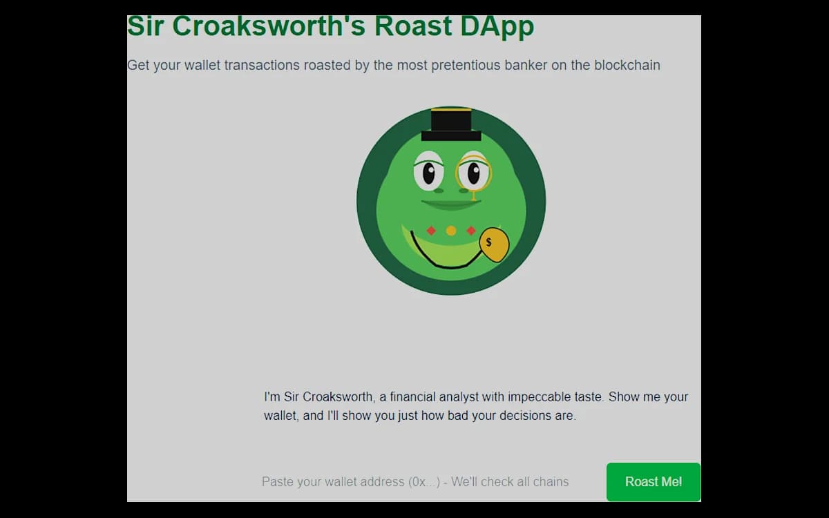 Sir Croaksworth, a frog in a top hat, roasting a wallet history