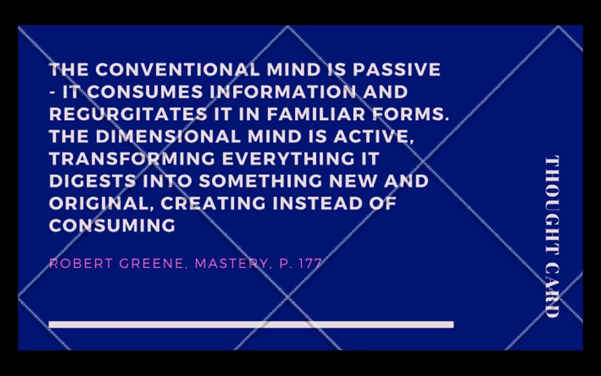 A blue business card printed with a quote from Robert Greene