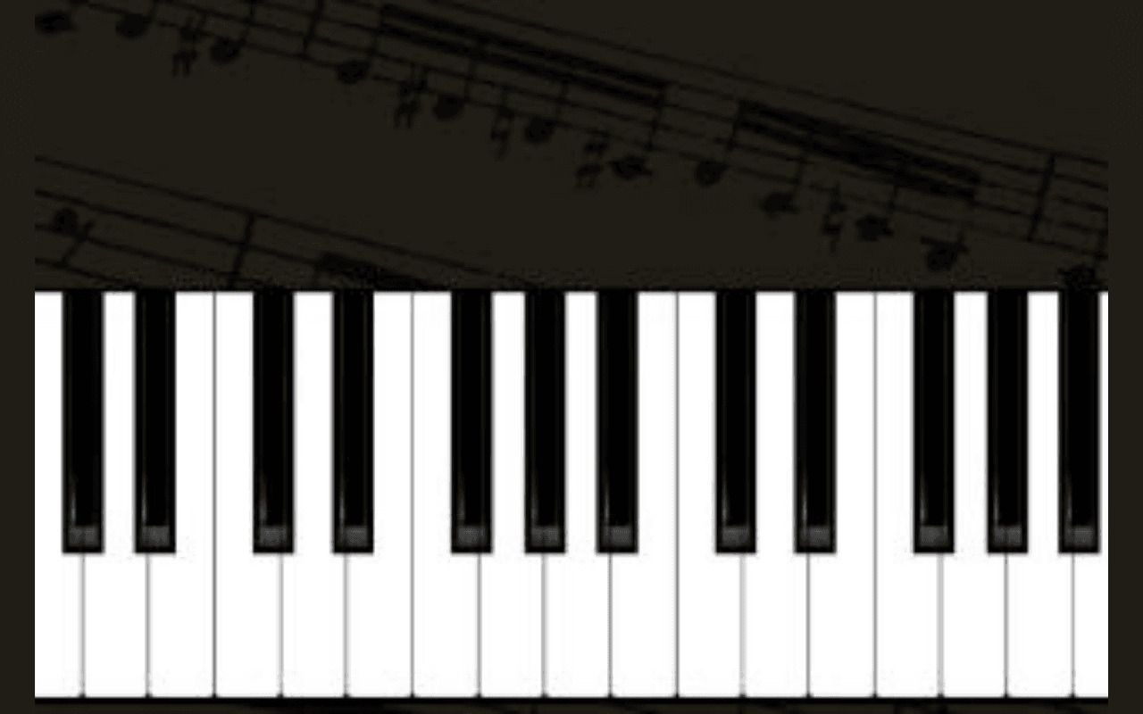 Piano keys against a background of musical notes