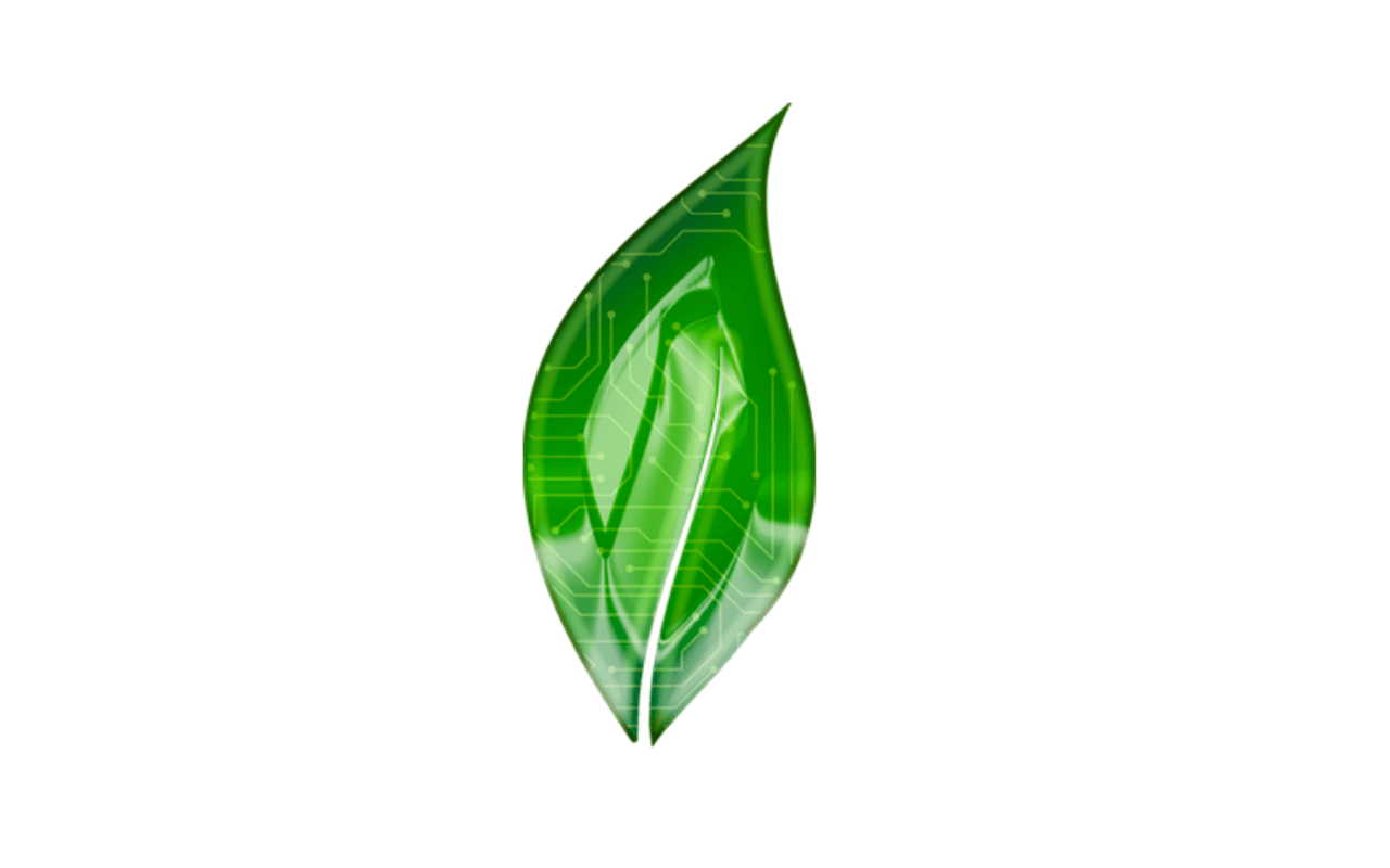 A leaf logo with lines across it like a circuit board