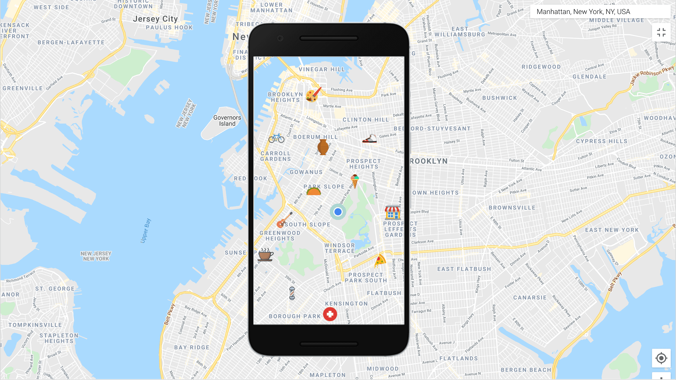A phone over a map with icons marking mobile vendors