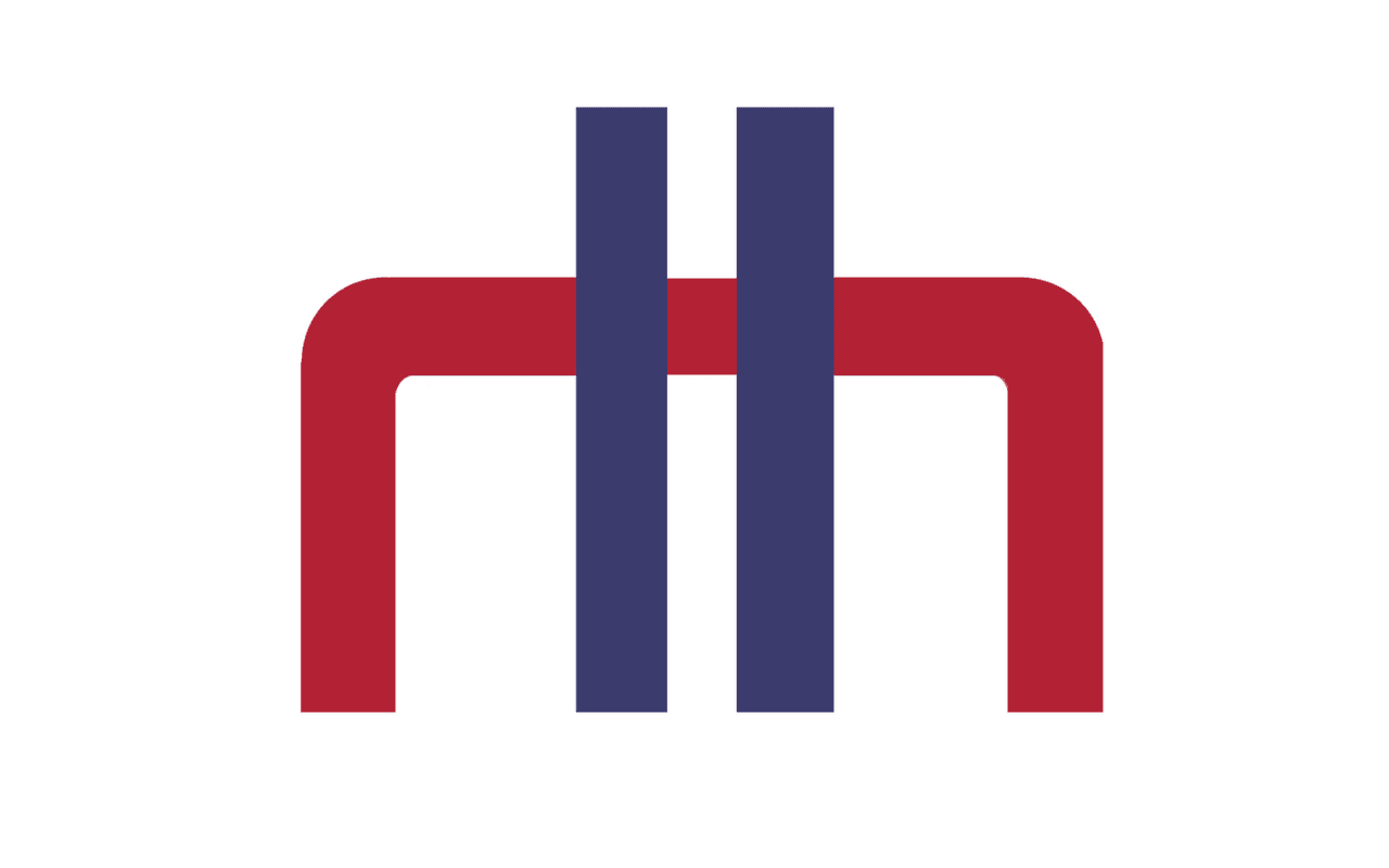 A logo of two blue lines with a red line behind them, shaped like a staple