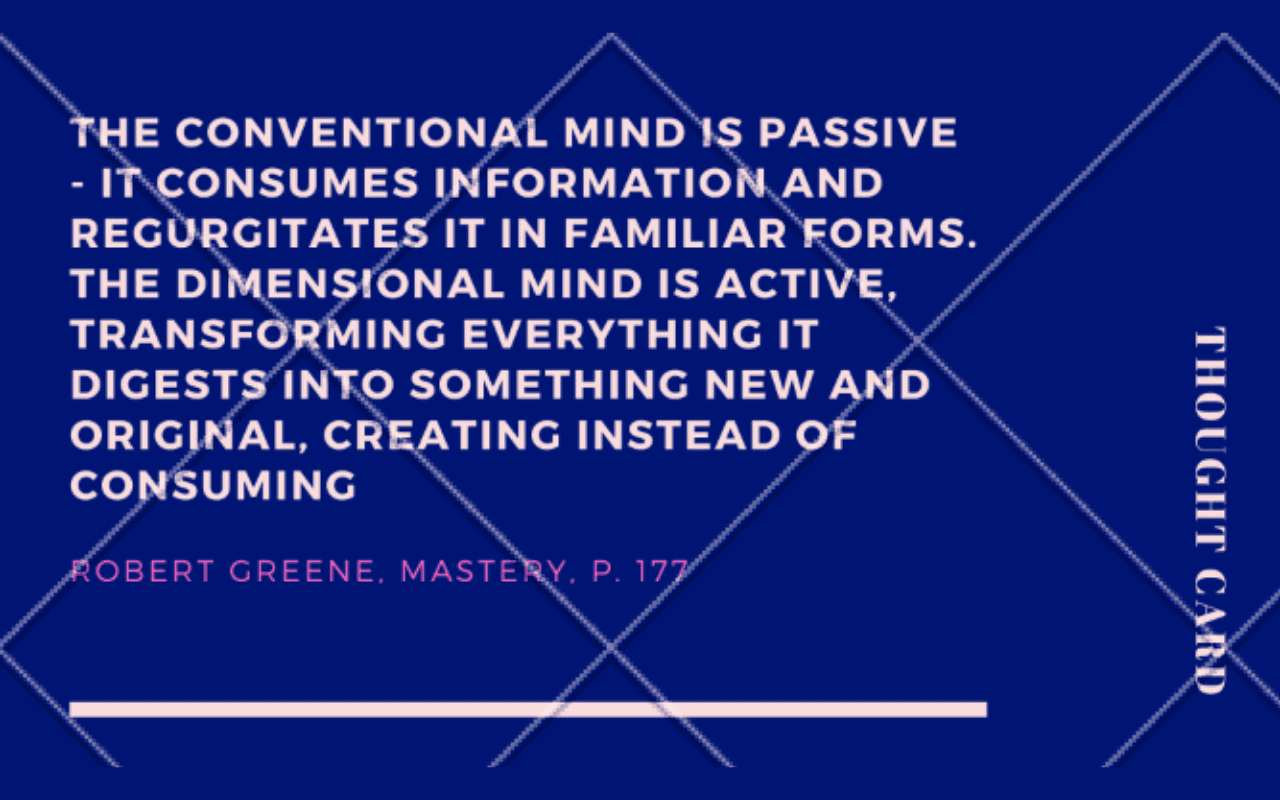 A blue business card printed with a quote from Robert Greene