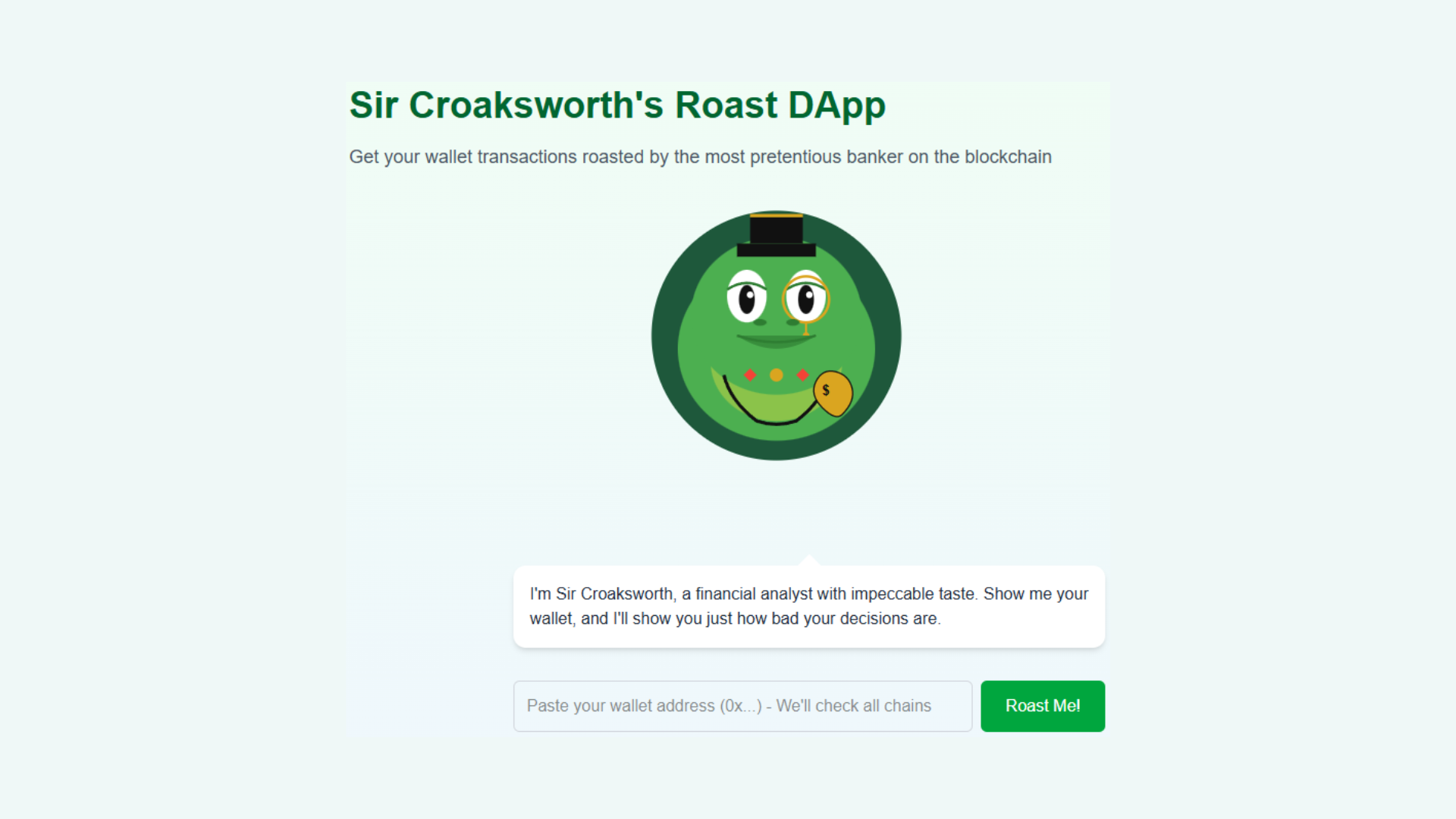 Screenshot of Sir Croaksworth, a frog with a top hat who roasts your crypto wallet transactions